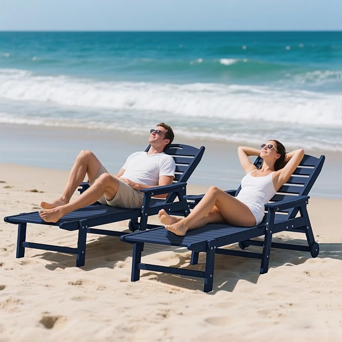 Plawdlik Oversized Patio Chaise Lounge Set of 2, 5 Positions Adjustable HDPE Outdoor Lounge Chair with Rolling Wheels & Cup Holder,All-Weather for Poolside, Beach, Garden - Navy Blue