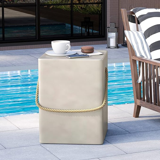 HOMPUS Outdoor Side Table w Hemp Rope Handle, Patio MgO Concrete Natural End Table, Square Accent Small Coffee Table for Garden, Patio, Porch and Deck, Light Grey