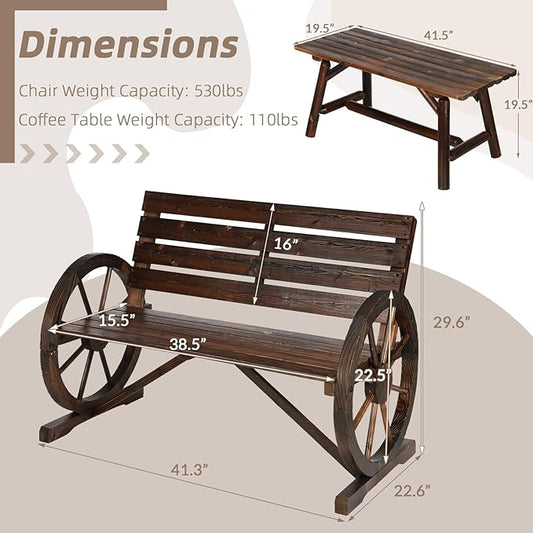 2-Piece Wooden Wagon Wheel Bench Set with Coffee Table, 2-Person Rustic Wood Garden Bench W/Wagon Wheel Armrests & Slatted Backrest, Outdoor Patio Loveseat Furniture Set for Lawn Yard Park