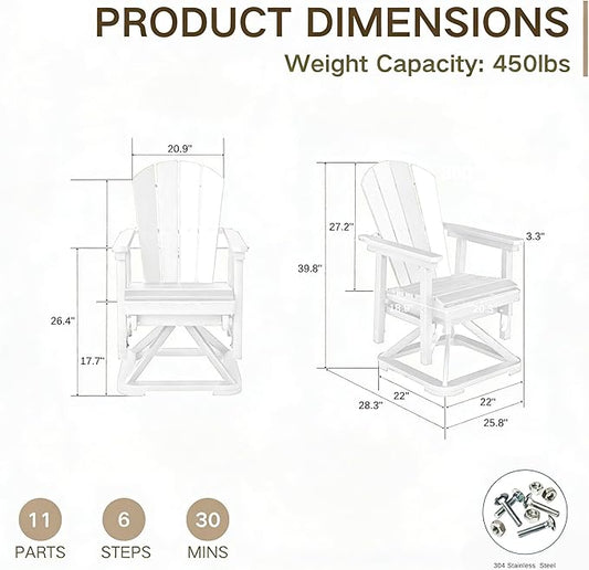 Kingdura Adirondack Swivel Glider Chair, HDPE Patio Glider Rocking Chair for Outdoor, All-Weather Glider Chair for Porch Balcony Lawn Poolside, 450LBS Capacity (White)