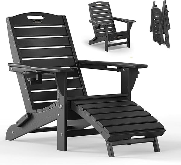 Folding Adirondack Chair with Retractable Ottoman Weather Resistant Fire Pit Chair Patio Chair with 2 Cup Holder Lawn - Photo 1
