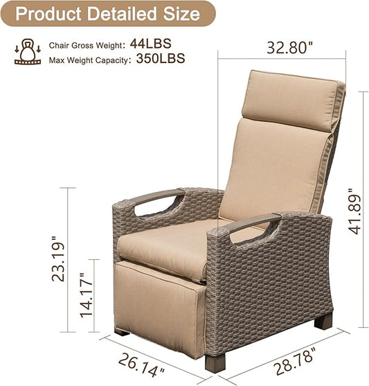 Domi Outdoor Recliner Chair, Patio Recliner with Hand-Woven Wicker, Flip Table Push Back, Adjustable Angle, Thickness Cushions, Reclining Lounge Chair for Indoor & Outdoor Use, Beige