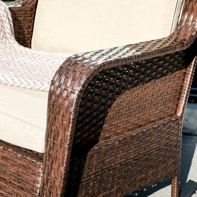 SUNSITT Outdoor Resin Wicker Rocking Chairs with Olefin Cushions, Set of 2, Patio Yard Furniture Club Rocker Chairs, Brown Wicker & Beige Cushions