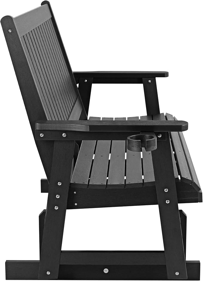 HIPS Patio Glider with Cup Holders, All-Weather Resistant, High Backrest and Deep Contoured Seat, Heavy Duty 900 LB (3 Seat - Carbon Black)