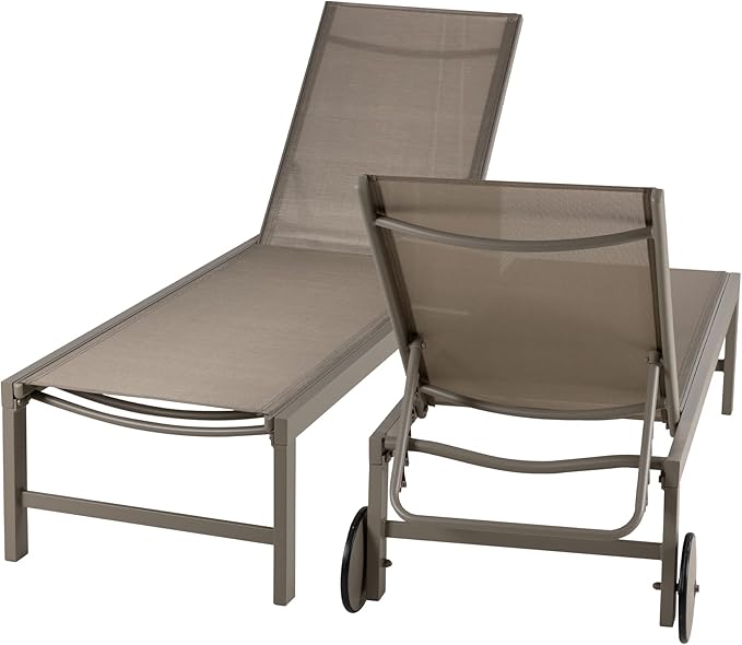 QAQA Patio Chaise Lounge Set of 2, Outdoor Lounge Chairs with 5 Adjustable Positions and Wheels, All Weather Outdoor Reclining Chair for Pool Backyard Garden Deck, Khaki