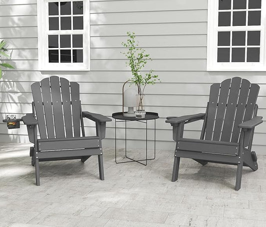 FOOWIN HDPE Adjustable Adirondack Chair Set of 8, 400lbs Heavy Duty Folding Patio Chairs with Cup Holder, 3-Position Reclining Fire Pit Seating, All-Weather Poly Lumber for Backyard, Deck - Grey