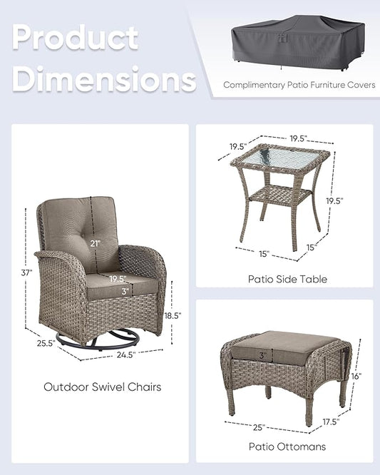 5 Pieces Outdoor Wicker Patio Furniture Set-High Back Outdoor Rocking Chairs Set of 2 with Ottoman Patio Conversation Sets for Deck Lawn Porch Balcony Poolside-Grey/Grey