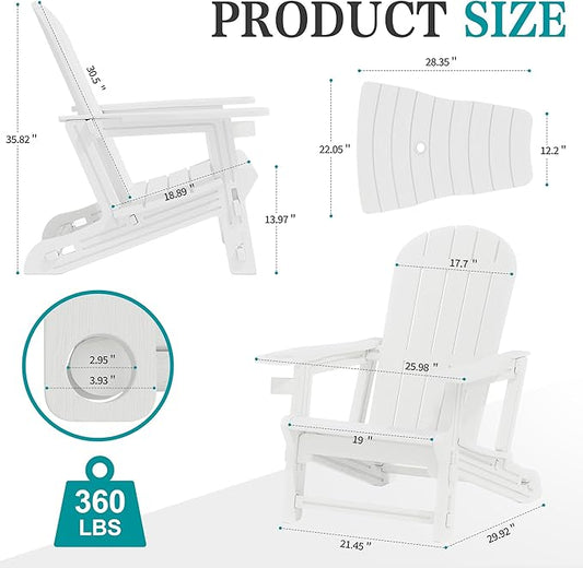 JY QAQA Outdoor Adirondack Chair Set of 2, All-Weather HDPE Patio Furniture with Detachable Table, Wood Texture & Cup Holder for Patio, Poolside, Garden, White