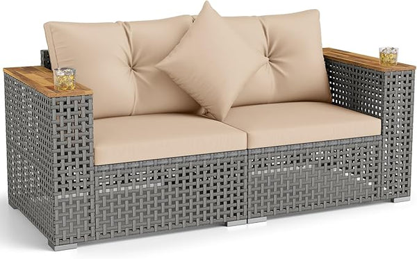 Tangkula 62.5" Large Patio Wicker Loveseat with Acacia Wood Armrests & Cup Holders - Photo 1