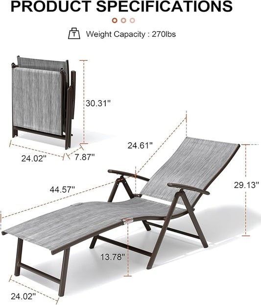 Crestlive Products Chaise Lounge Chair Outdoor Set of 2, Aluminum Folding Patio Recliner Chair, Adjustable 8 Positions Assemble-Free Perfect for Beach, Yard, Pool, Deck