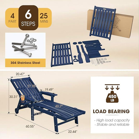 THOEOE Patio Chaise Lounge Chair, Oversized Lounge Chair Outdoor with 5 Positions, HDPE, Patio Lounge Chair with Wheels & Cup Holder for Pool, Deck, Poolside,Navy Blue