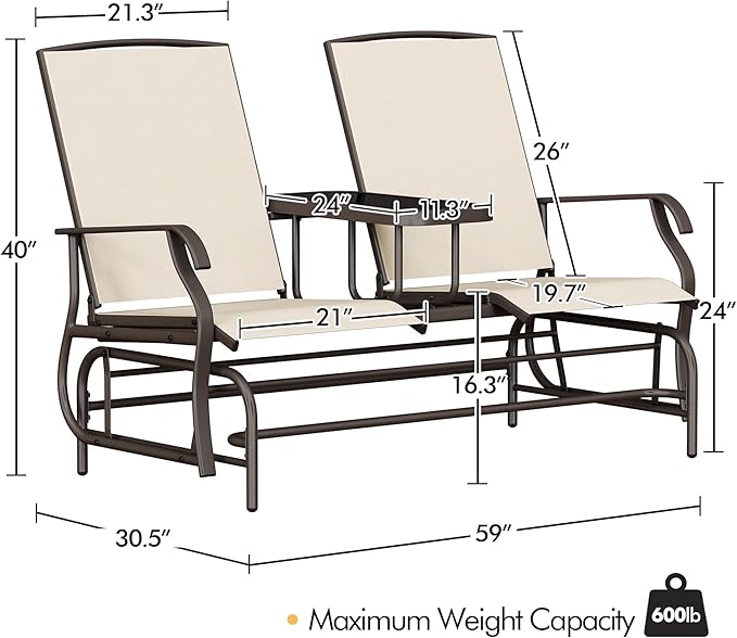 Yaheetech 2-Seat Outdoor Glider with Center Table, Patio Rocking Loveseat with Breathable Mesh Sturdy Metal Frame for Garden Pool Lawn, Beige
