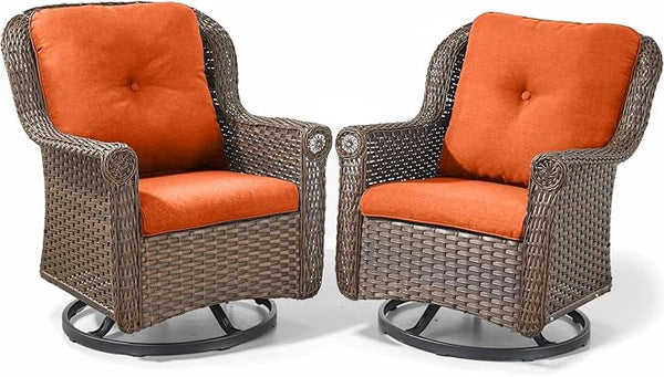 Patio Chairs Outdoor Swivel Glider - Set of 2 High Back Outside Brown Wicker Rattan Rocking Chair with Zippered Cushion - Photo 1