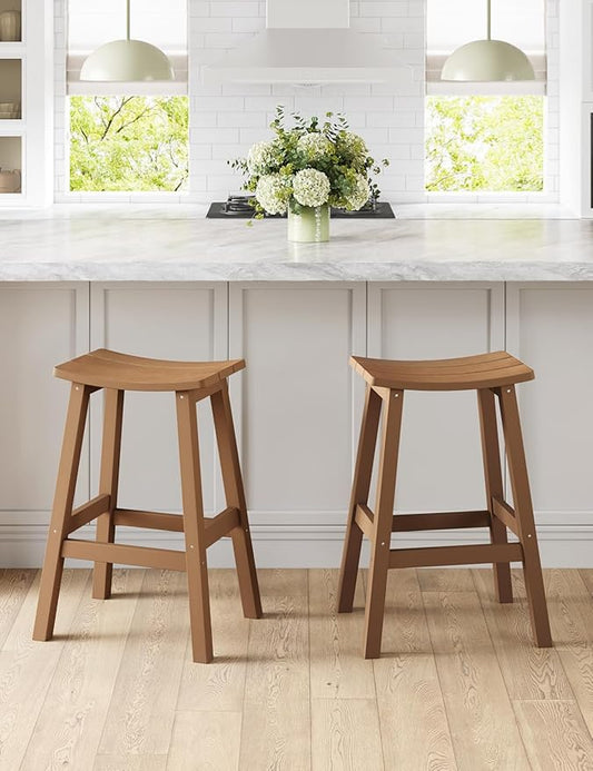 Weatherproof Bar Stools Set of 2, 28" Height Outdoor Bar Stools Holds up to 400 lbs, Saddle Seat, Bar Height Stools for Patio, Garden, and Kitchen Island, Teak