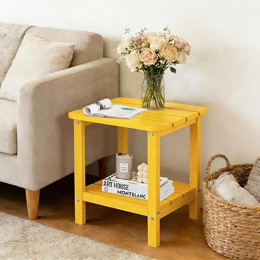 Outdoor Side Table HDPE Small Outdoor End Table Patio Side Tables Square for Backyard Pool Porch Balcony Double Layer Storage, Yellow (Wood Grain Finish)