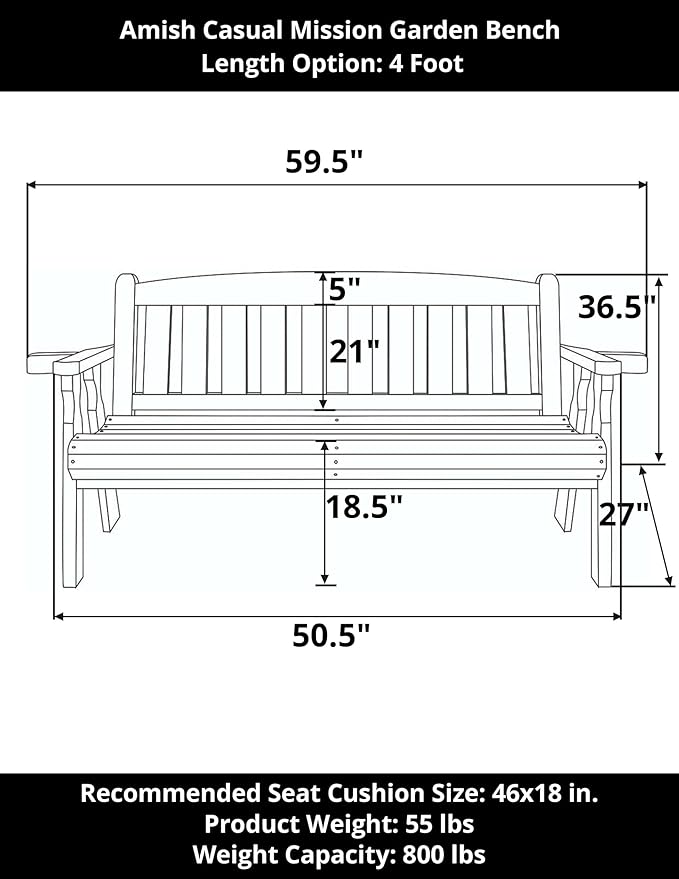 Amish Casual Heavy Duty 800 Lb Mission Treated Garden Bench, 4-Foot, Semi Solid Grey Stain