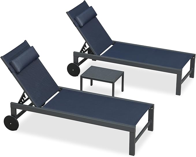 PURPLE LEAF Patio Lounge Chair Set of 3 Outdoor Chaise Lounger Aluminum Frame with Side Table and Wheels for Pool Outside Sunbathing Tanning Recliner Including Pillows Navy Blue