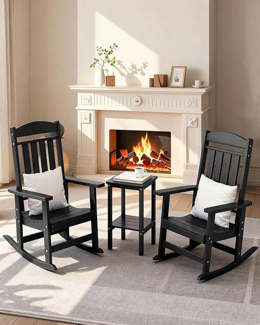 3-Piece Outdoor Rocking Chair Set, Oversized Porch Rocking Chair Set of 2 with Side Table, HDPE High Back Patio Rocking Chair, Suitable for Patio, Porch, Backyard, Black