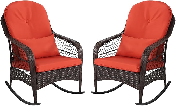 LVUYOYO Outdoor Wicker Rocking Chair of 2, Patio Rattan Rocker Chair with Cushions, Rocking Wicker Furniture Set for Deck, Porch, Garden, Backyard (Orange Red)