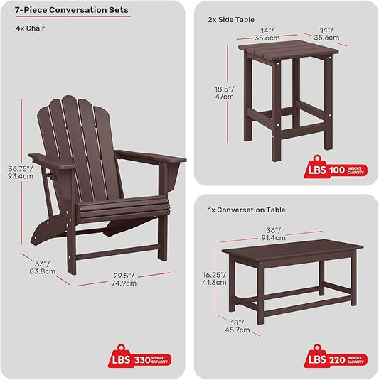 Costaelm Lakeview 7-Piece HDPE Outdoor Patio Furniture Adirondack Conversation Set, Dark Brown