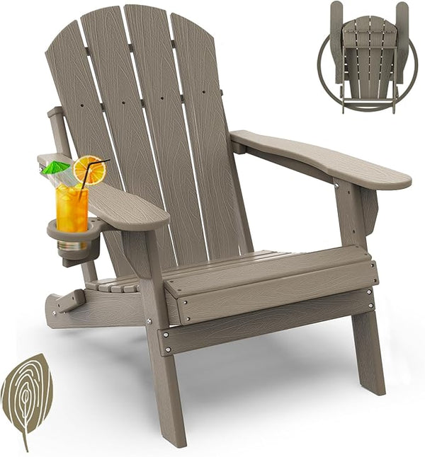 GREENVINES Folding-Adirondack-Chair | Wood Grain | HDPE Plastic | Fire Pit Chairs | All Weather | Cup Holder - Photo 1