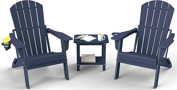 Folding Adirondack Chair Set 3-Piece - 38" Extra Tall Back & Embossed Wood Grain - Photo 1