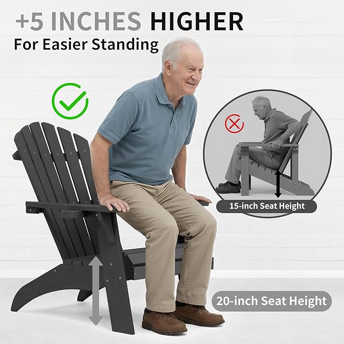 Psilvam Adirondack Chair, Oversized Poly Lumber Fire Pit Chair with Cup Holder, 350Lbs Support Patio Chairs for Garden, Weather Resistant Outdoors Seating, Relaxing Gift for Father & Mother (2, Black)