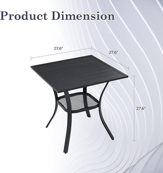 Outdoor Dining Table with Storage Shelf, 27.5" All-Weather Square Patio Dining Table for 2, Metal Patio Table for Garden Lawn Porch Deck Yard, Black
