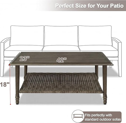 Outdoor Coffee Table, Heavy Duty Wicker Coffee Table, 2-Tier Patio Table with Storage, Patio Coffee Table for Garden Deck Balcony Poolside