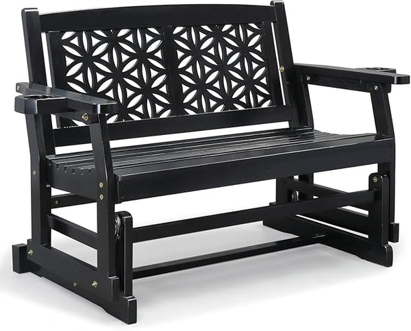 VINGLI Fir Wood Outdoor Glider with Floral Backrest, Wooden Patio Gliding Bench with Cup Holders - Photo 1