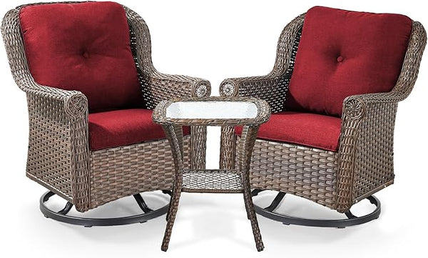 3 Piece Patio Swivel Chairs and Side Table Set - High Back Outdoor Brown Wicker Rattan Rocking Glider with Thick - Photo 1