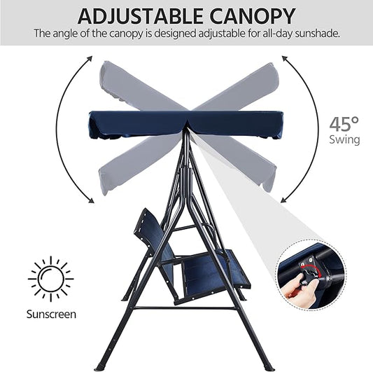 Topeakmart Patio Swing Chair, 3-Seat Outdoor Porch Swings, Texteline Fabric Canopy Lounge Chair with Adjustable Canopy & Armrests & Metal Frame for Garden Poolside Bench Backyard, Blue