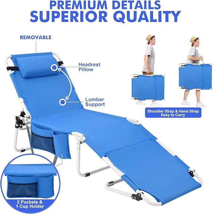 Oversized Extra Wide Tanning Chair with Sun Canopy Face Hole Padded Adjustable Washable, Heavy Duty Layout Folding Lounge Chair for Outside Beach Reading Sunbathing, UPF 50+, XL, Plus Size, 330 LBS
