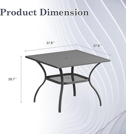 Outdoor Dining Table with Adjustable Umbrella Hole, 37.8" All-Weather Square Patio Dining Table for 4, Metal Patio Table for Garden Lawn Porch Deck Yard, Dark Grey