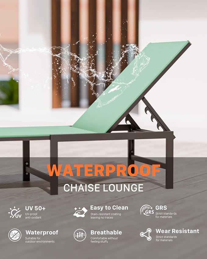 Chaise Lounge Chair Outdoor,Aluminum Patio Lounge Chairs Set of 2,Pool Lounge Chairs with 5 Adjustable Backrest and Headrest Pillows for Outside Beach,Green