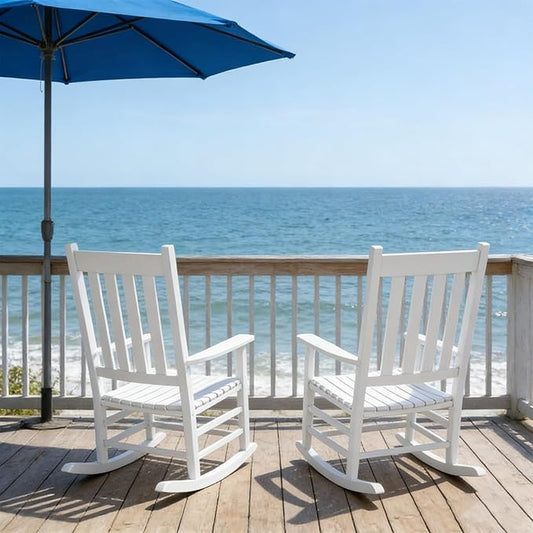 2Pcs Wooden Rocking Chairs, Wood Classic Slatted Patio Porch Rockers for Porches, Backyards, Poolside Balconies, Decks(White)