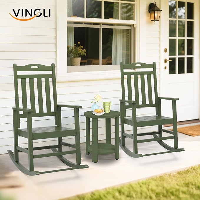 VINGLI Outdoor Rocking Chair with Footrest, Wooden Rocking Chair with 450 LBS Weight Capacity, Patio Rocker with Comfortable Backrest for Garden, Yard (Dark Green, 2PCS)