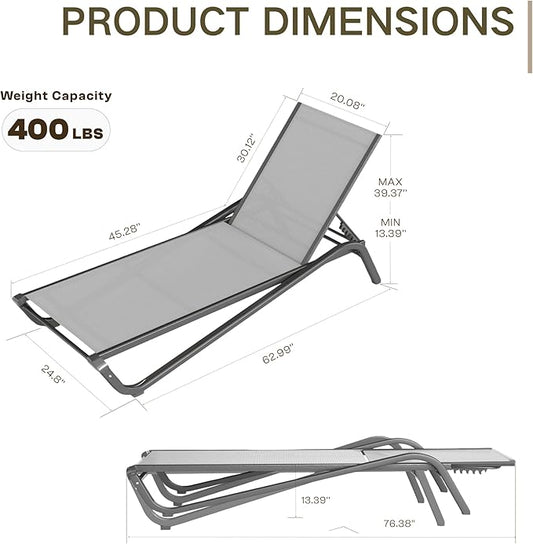 Kingdura Chaise Lounge Chair for Pool, Aluminum Outdoor Lounge Chairs with 5 Positions Recliner, Lightweight Pool Lounger Lounge Chairs for Outside Patio Deck Poolside (Grey, 2 Chairs & 1 Table)