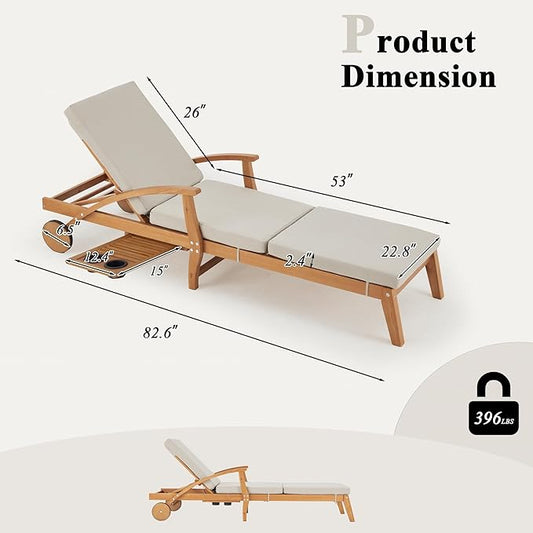 HOMREST Wood Chaise Lounge Recliner Set of 2, 83x23in Patio Chaise Lounger Recliner with Slide-Out Side Table & Cup Holder, Foam-Padded Cushion, Adjustable Backrest, Wheels (Beige)