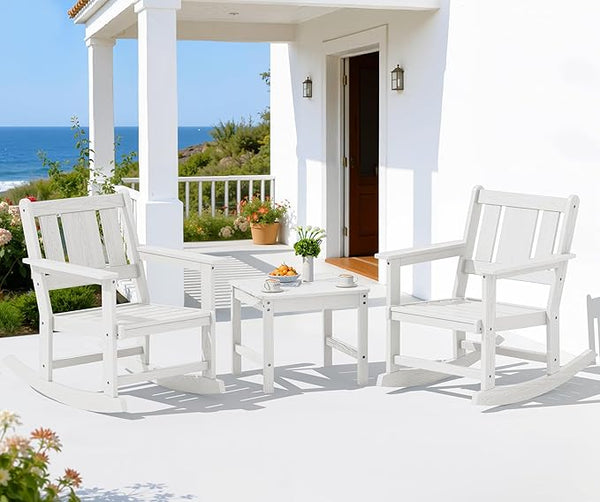 SERWALL Outdoor Rocking Chairs Set of 2 with Side Table, All-Weather HDPE 3 Piece Patio Furniture Set - Photo 1