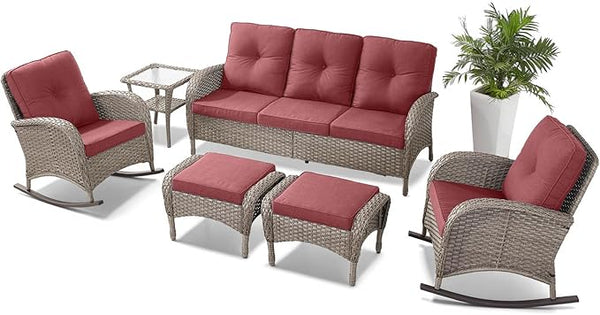 Belord 6 Pieces Patio Rocking Chairs Outdoor Furniture Set with Outdoor Couch and Ottoman Conversation Patio Furniture - Photo 1