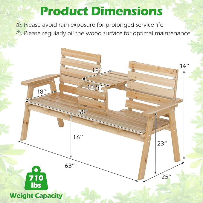 HAPPYGRILL Outdoor Fir Wood Bench with Foldable Middle Table, 2-3 Person Patio Garden Bench with Armrests and Backrests, Wooden Loveseat Chair with 710lbs Capacity (Natural)