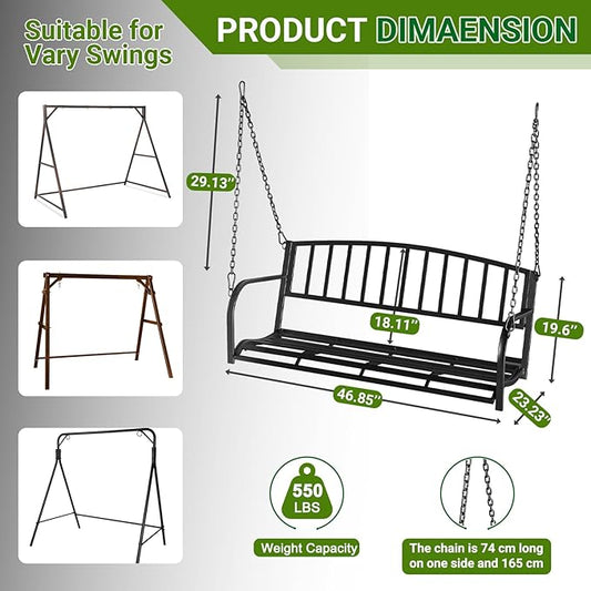 ZIMTOWN 2-Person Metal Porch Swing, 47-Inch Wide Hanging Bench,Heavy Duty Hanging Chair with 64.9" Adjustable Chains, 550 LB Weight Capacity, for Patio, Garden and Balcony