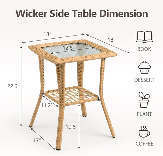 Outdoor Wicker Side Table, Rattan End Table with Glass Top, Patio Coffee Bistro Table for Indoor Garden Porch Balcony