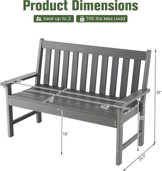 Tangkula HDPE Outdoor Garden Bench with Backrest, 2-Person All-Weather Patio Loveseat Chair with Slatted Seat, 705 lbs Weight Capacity, Patio Benches for Balcony, Garden, Porch, Backyard & Park, Grey