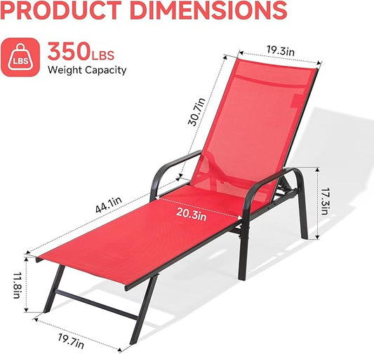 Simple Delxue Folding Chaise Lounge Chair with 5 Reclining Positions, Beach Recliner Chair with Armrests, Textilene Fabric & Steel Frame, Outdoor Patio Poolside Seating, 350 LBS Capacity, Red