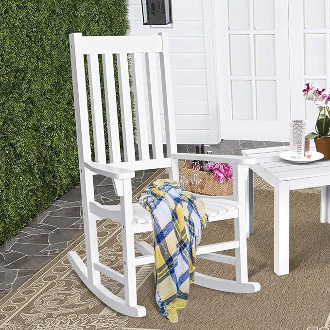 Giantex Rocking Chair Acacia Wood Frame Outdoor& Indoor for Garden, Lawn, Balcony, Backyard and Patio Porch Rocker (1, White)