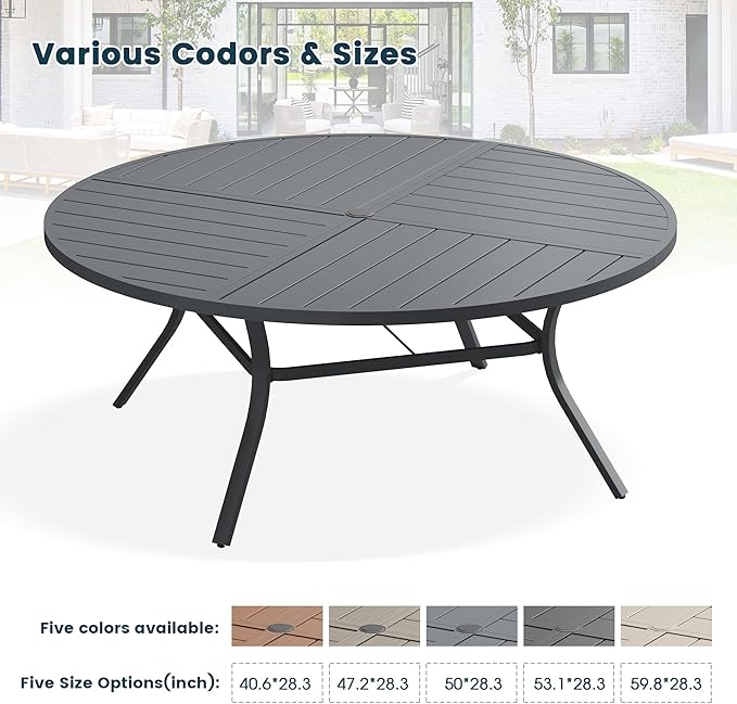 Patio Dining Table for 8-10, Round Metal Outdoor Table with Storage Shelf, 1.57" Umbrella Hole, 60" Outdoor Quartered Tabletop Dining Table for Backyard, Porch, Lawn, Dark Grey