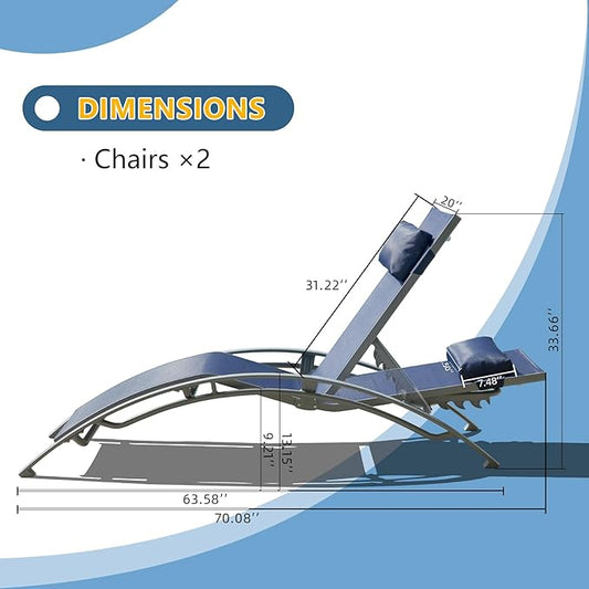 Domi Pool Lounge Chairs Set of 2, Aluminum Adjustable Outdoor Chaise Lounge, All Weather Poolside Chairs for Deck Lawn Poolside, Textilene (Navy Blue)