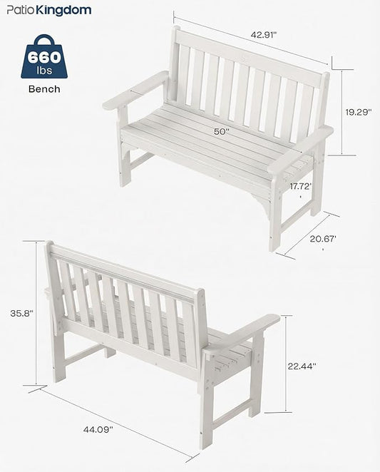 HDPE Garden Bench, All Weather 2-Person Outdoor Benches, Rust Free & Fade Resistant Patio Benches for Garden, Porch, Backyard, Deck, Lawn, Balcony, Poolside (White, 1 Beach)